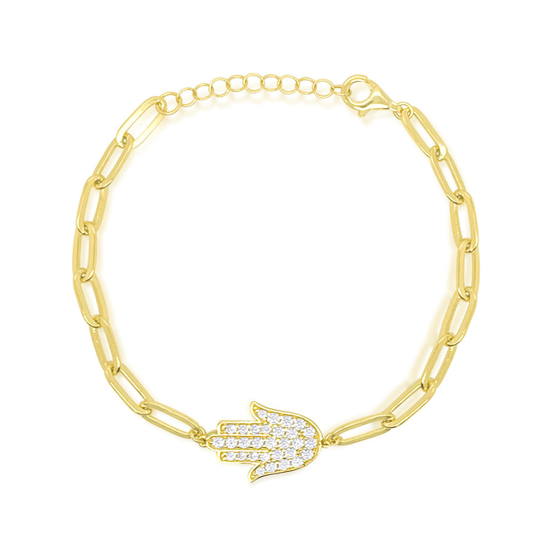 Etoielle Paperclip Yellow Gold Tone CZ Hamsa Bracelet