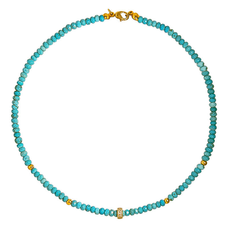 Turquoise Bead Necklace with Gold Plated Rondels and CZ Accents Great for Layering