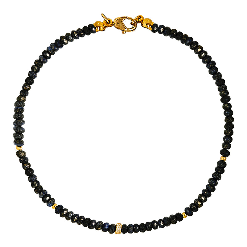 Black Spinel Beads with Gold Toned Rondel Necklace Paved with Cubic Zirconia 16  inches Adjustable