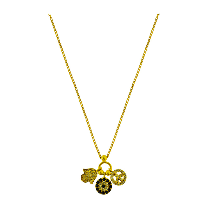 Evil Eye Peace Sign Hamsa  Gold Tone Charm Necklace Pave Cubic Zirconia