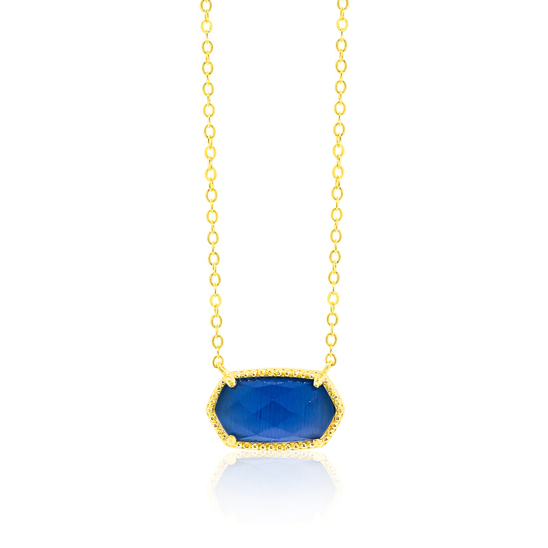 Etoielle Create Blue Sapphire and  Halo Cubic Zirconia Gemstone Necklace Yellow Gold Tone Necklace