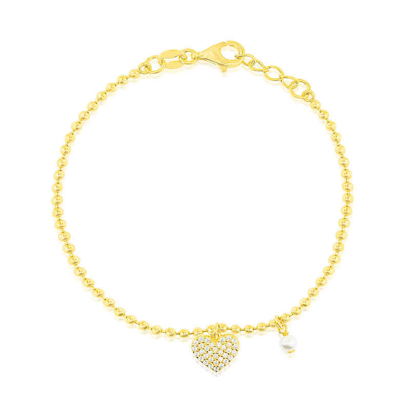 Etoielle Yellow Gold Tone Puffed Heart Bracelet with Beaded Ball Chain