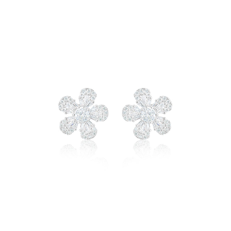 White Gold Tone Floral Studs Pave Cubic Zirconia Statement Earrings