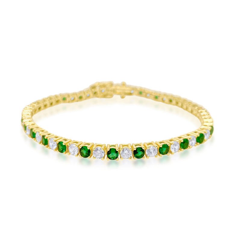 Created Emerald and CZ Yellow Silver Alternating Tennis Bracelet 7 inches