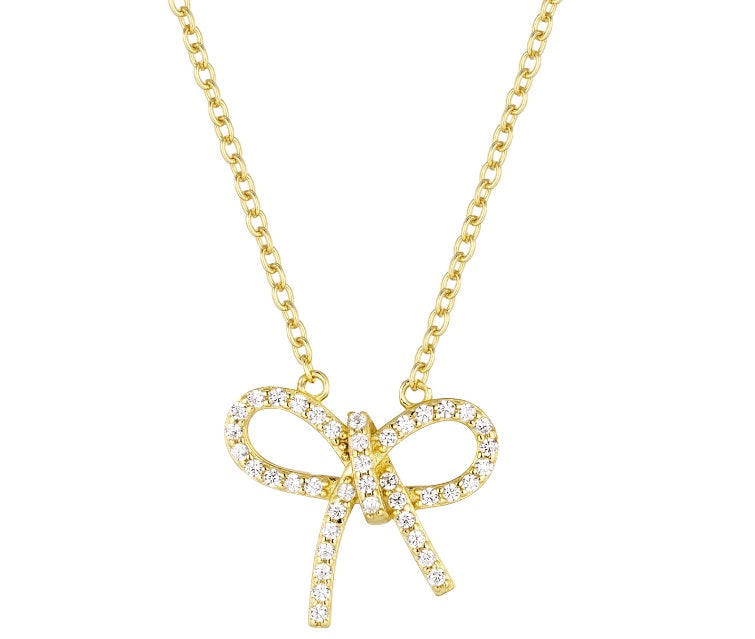 Yellow Gold Tone Cubic Zirconia Bow Necklace 18 inches adjustable