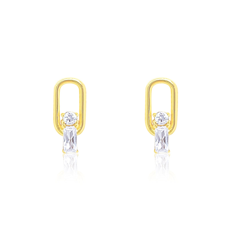 Etoielle Yellow Gold Tone Paperclip Studs With Cushion and Round CZ