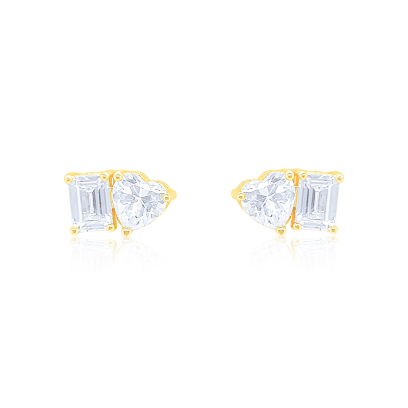 Etoielle Yellow Gold Tone CZ Heart and Emerald Cut Studs