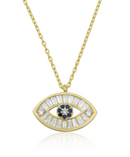 Baguette Cubic Zirconia Evil Eye Shaped Pendant on an 18 inch Italian Style Chain Eotielle