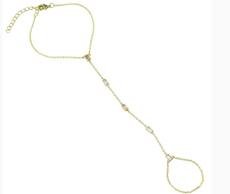 Hand Chain Yellow Gold Tone Baguette Cubic ZIrconia Accents