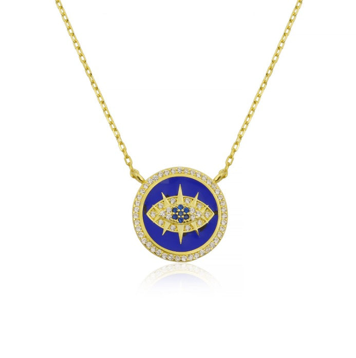 Enamel Evil Eye Disc Medallion Necklace Encusted with Cubic Zirconia 18 inches adjustable