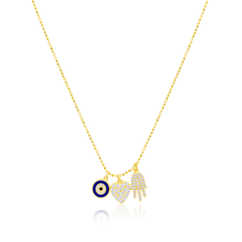 Etoielle Yellow Gold Tone CZ Heart Hamsa and Enamel Evil Eye Charm Necklace