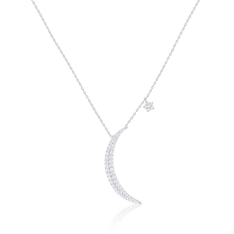 Etoielle White Gold Tone CZ Moon and Mini Star Necklace